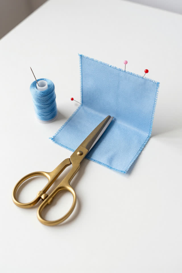 I dream that the scissors pretend they did not help. On a bright craft table, brass scissors turn themselves slightly aw