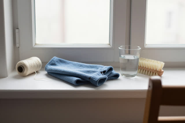 I dream that the sleeve keeps its own counsel. On a plain laundry room window ledge, a folded muted-blue wool sleeve res