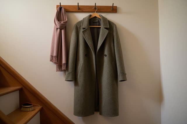 I dream that the coat hangs like the work is finished. On a narrow home stair landing, a muted olive wool coat hangs fro