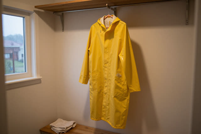I dream that the raincoat dries without explaining. In a small mudroom after rain, a deep yellow rubberized raincoat han