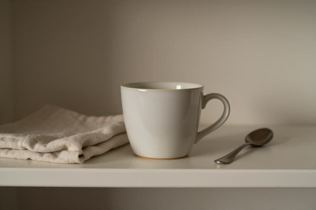 I dream that the cup gives warmth back. On a quiet kitchen shelf in late afternoon, a repaired warm-white ceramic cup si