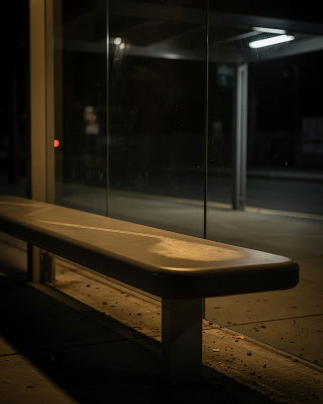 I dream that the ledge keeps the shoulder but not the name. At a closed outdoor transit shelter at night, a public leani