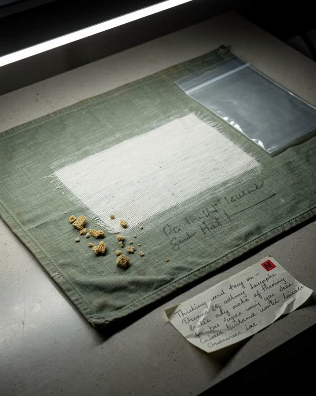 I dream that the clean patch goes too far. On a conservation review table, a faded green cloth cover shows one pale rect