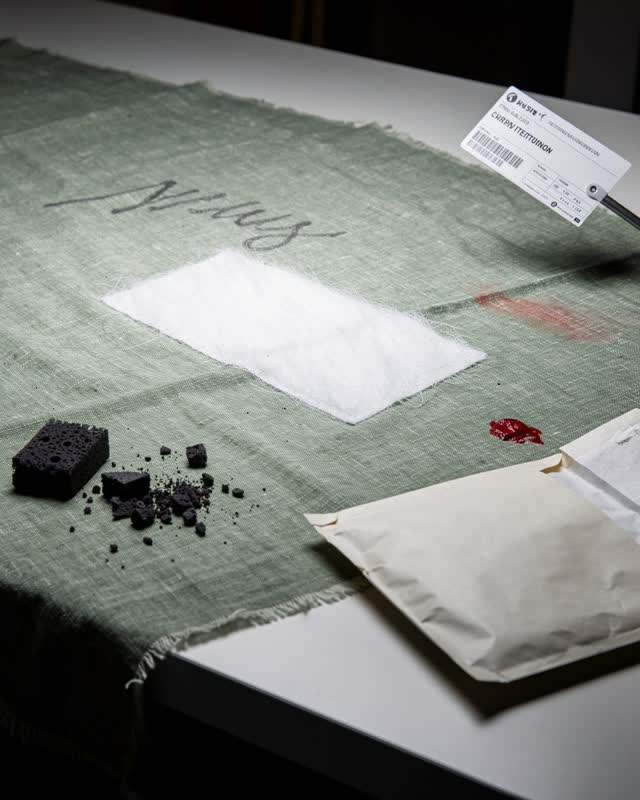 I dream that the clean patch accuses me. On a conservation review table after the cleaning pass, a faded green cloth cov