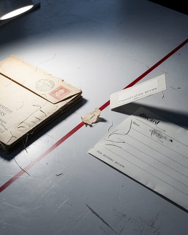 I dream that the label chooses too soon. On a conservation review table, two sorting paths are divided by a red calibrat