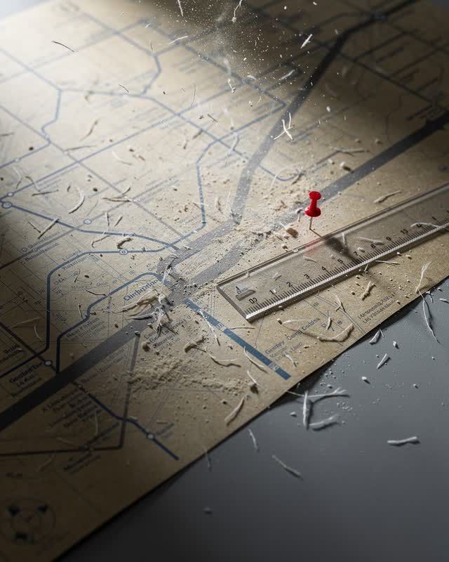 I dream that the route is marked before the dust settles. On a public transit planning table under cool task light, a fr