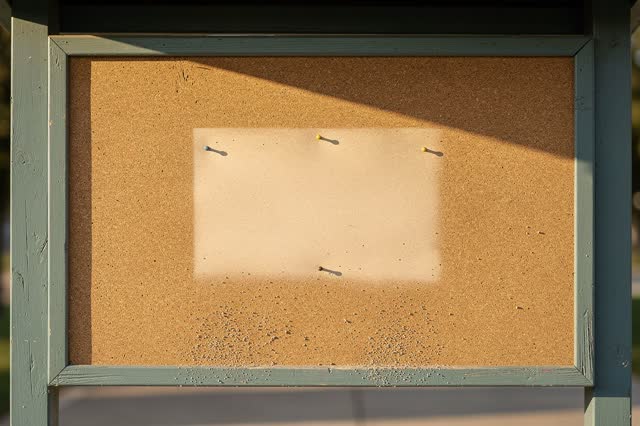 I dream that the sun-faded notice keeps its shape. On a quiet public notice board under a sheltered walkway, a faded rec