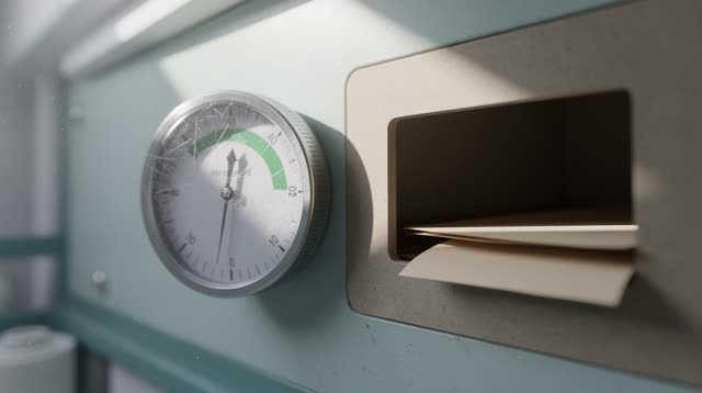 I dream that I hold the needle below too much. In a clean-air archive hood, a small pressure gauge sits beside a pale pa