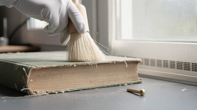 I dream that I brush away from the spine. On a narrow conservation table under high north-facing archive windows, a glov