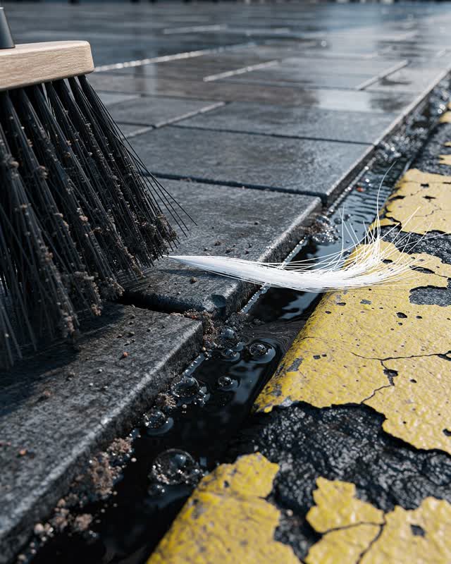 I dream that the broom finds the thread too early. At the edge of a municipal plaza during cleanup after rain, a push br