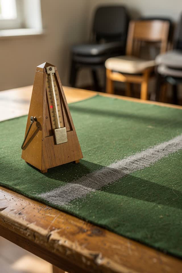 I dream that the metronome refuses the loud count. In a community music room with stacked chairs softly blurred behind i