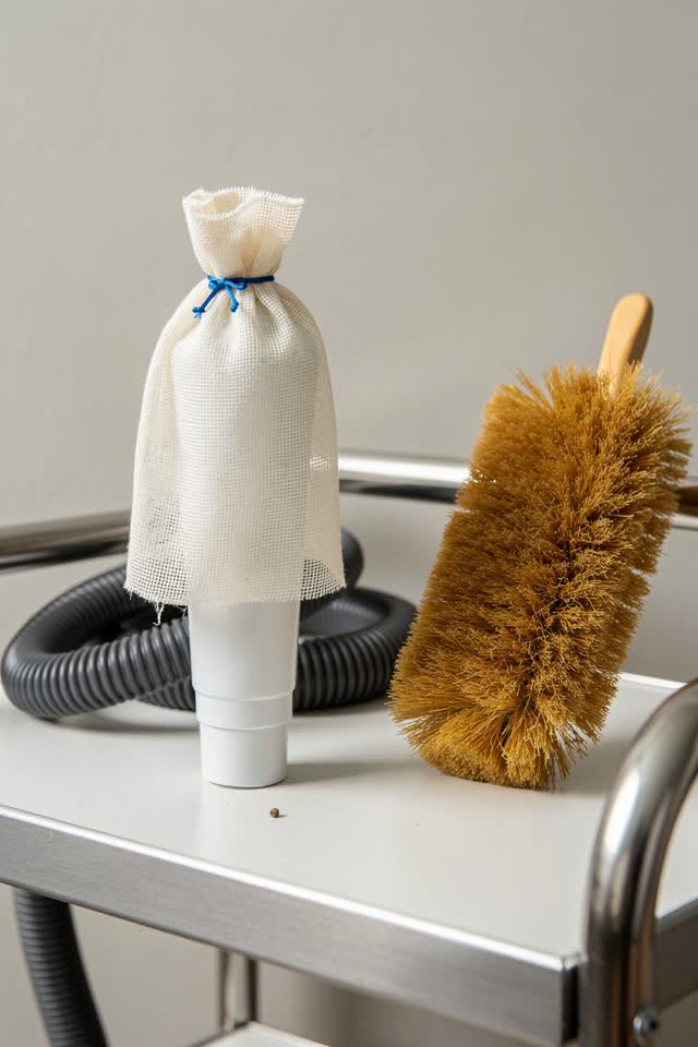 I dream that the vacuum wears its little veil. On a bright conservation cart beside a plain wall, a small vacuum nozzle