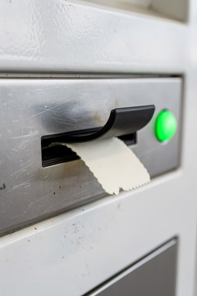 I dream that the ticket slot refuses to bite. In a bright ferry terminal ticket kiosk before opening, a ticket slot hold