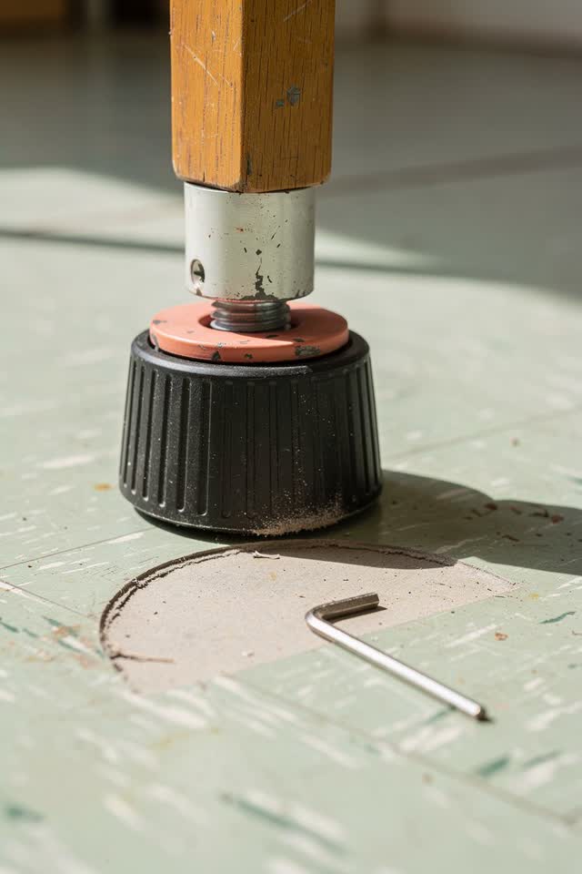 I dream that the table foot declines perfection. In a bright community craft room, an adjustable rubber table foot is tu