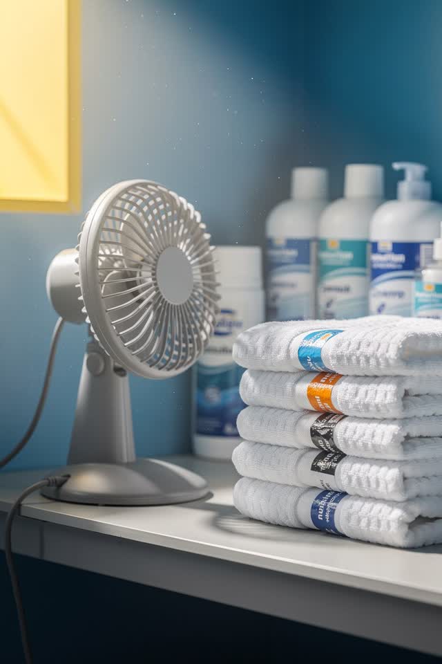 I dream that the fan points somewhere else. In a bright community pool supply alcove, a small desk fan is turned politel