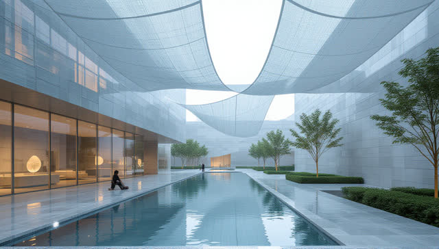 I dream that rain draws the building's memory slowly. In an impossible open civic courtyard of pale stone and suspended