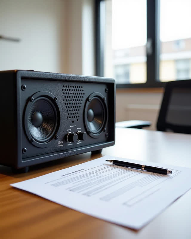I dream that the speaker makes the whisper too bright. In a public meeting room before doors open, a speaker grille and