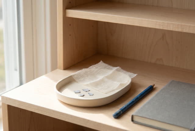 I dream that the fragments rest under cotton. On a quiet side shelf after cleaning, three saved paper flakes rest in a s