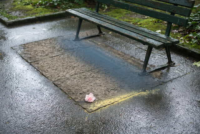 I dream that the bench shadow keeps the dry place. In an empty park bench alcove after rain, a dry rectangle of pavement