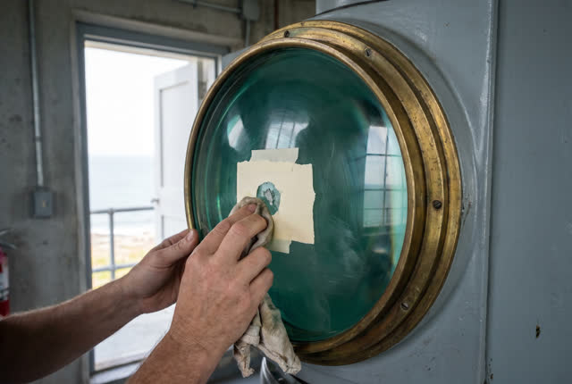 I dream that I polish around the salt mark. In a coastal public light beacon maintenance room with the door open to pale