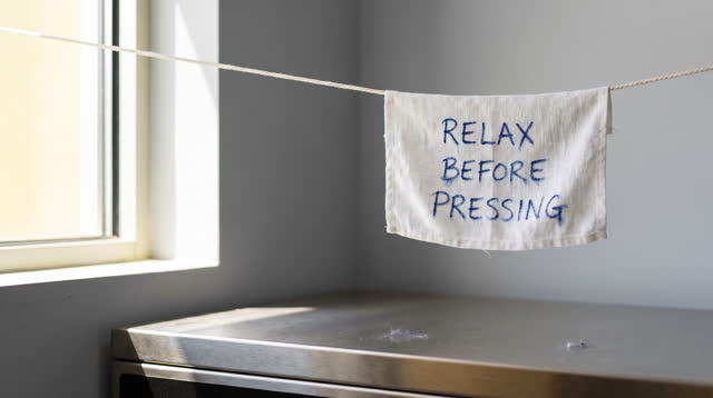 I dream that I wait for the label to relax. In a clean public laundromat mending corner beside a bright side window, a d