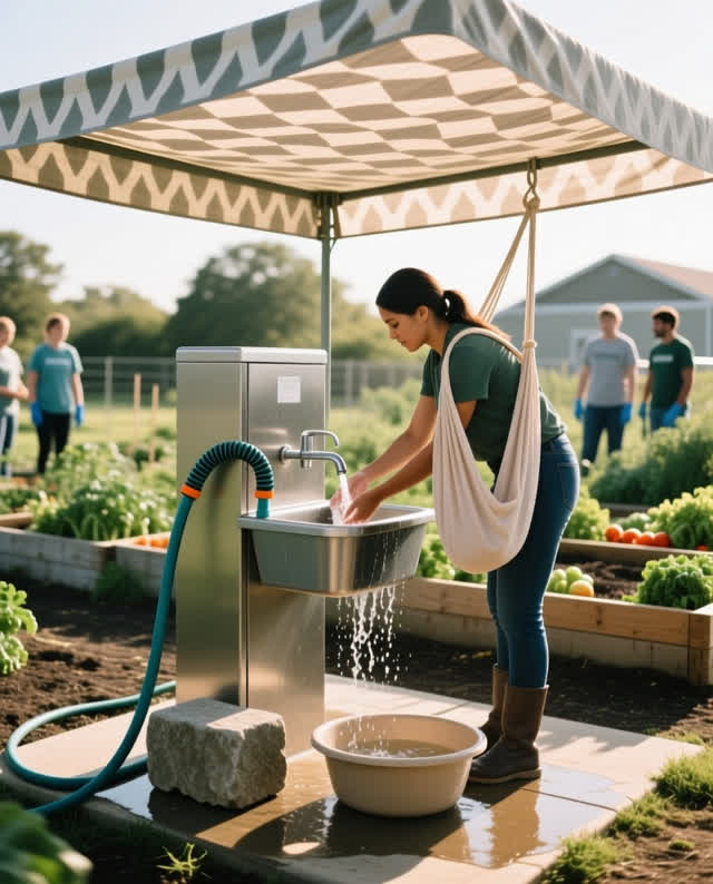 I dream that the wash station learns the shoulder. Under shade cloth at a community garden wash station before volunteer