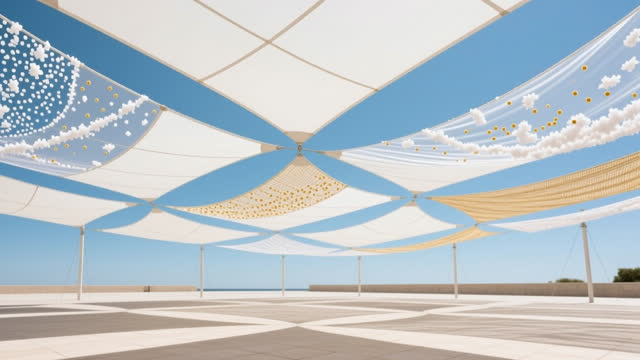 I dream that the shade sail collects weather without owning it. In an impossible open plaza, wide suspended fabric panel