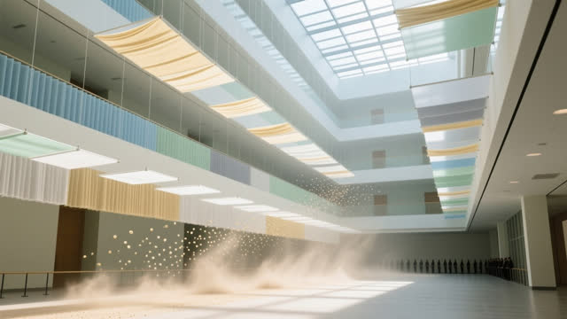 I dream that the atrium teaches dust to queue. In an impossible civic atrium, air moves through visible layers of soft p