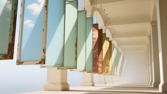 I dream that the margins become a weather of air. In an impossible open colonnade of suspended panels and old painted ed