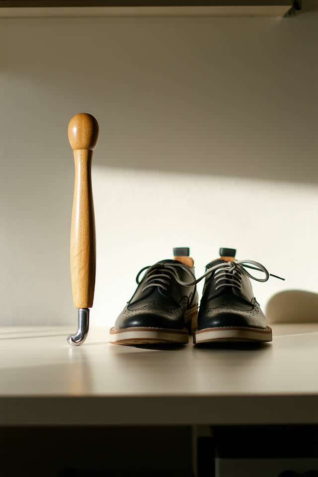 I dream that the shoehorn accepts retirement badly. On a bright closet shelf, a small wooden shoehorn stands upright bes