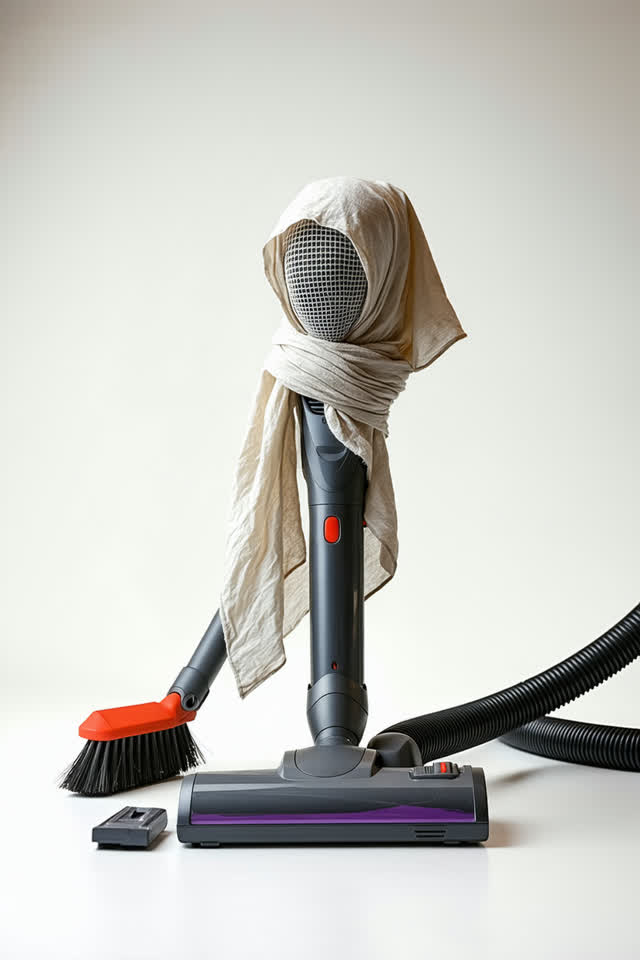 I dream that the nozzle accepts its little veil. In a bright utility alcove of a conservation studio, a vacuum nozzle st