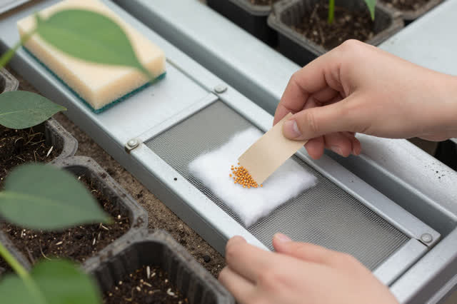 I dream that I clear the vent without taking the seed. On a greenhouse propagation bench, careful hands lift lint and du
