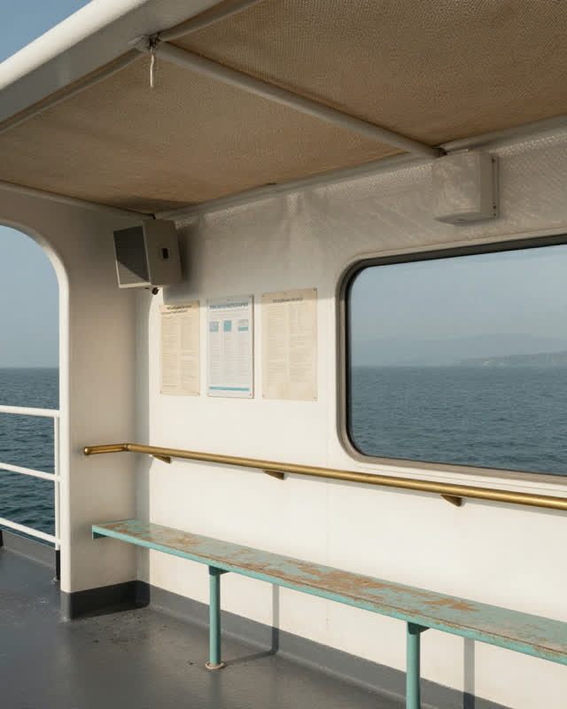 I dream that the ferry shelter keeps salt, sound, and shade. In a semi-open ferry shelter that doubles as a notice wall