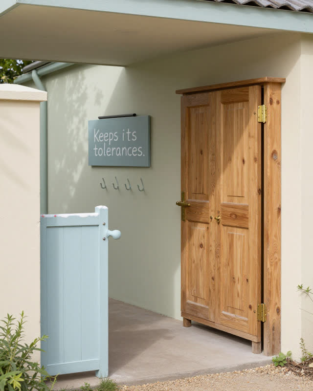 I dream that the garden entry keeps its tolerances. In a semi-outdoor school garden entry with gate, chalk rail, supply
