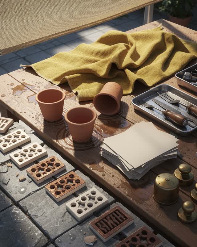 I dream that the courtyard table lets each thing dry differently. At a public courtyard work table shared by gardeners,