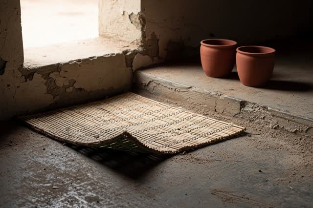 I dream that the mat lifts one corner. In a shaded public rest room after midday heat, a woven reed mat lies near a low
