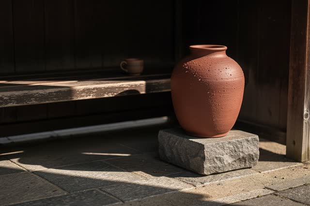 I dream that the jar sweats in the shade. In a shaded bench alcove beside a public courtyard, one porous clay water jar