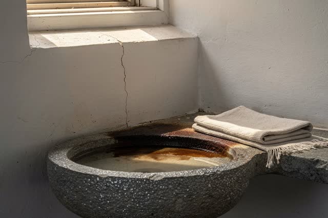 I dream that the basin rim keeps the afternoon. In a small public wash alcove with a shallow stone basin, worn wall seam