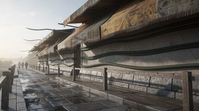 I dream that the shade lines learn to float. In an impossible exterior walkway where awning edges, rail shadows, plaster