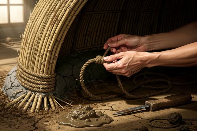 I dream that I stop before the last lash. In a reed-and-plaster public work bay with bundled arch feet set into packed e