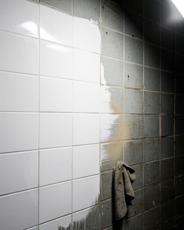 I dream that the wall was brightened flat. On a public waiting wall under harsh maintenance light, with old ceramic tile