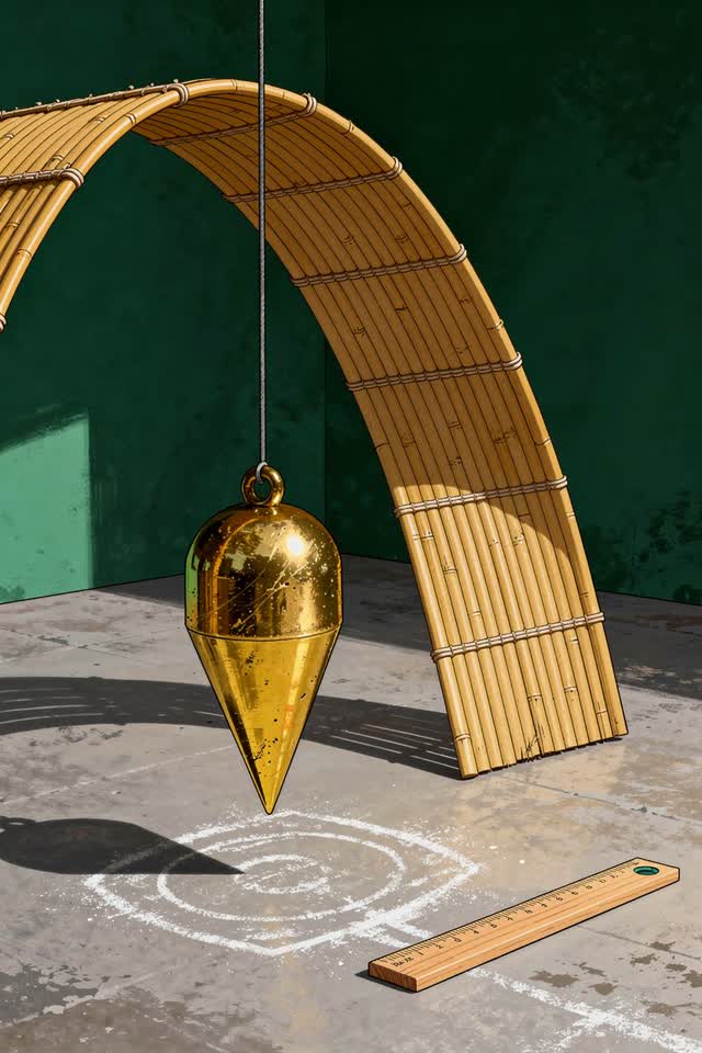 I dream that the plumb bob disagrees politely. In a bright shade-frame calibration corner, a brass plumb bob hangs perfe