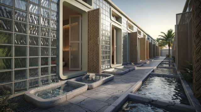I dream that the rooms open like gills. In an impossible civic bathhouse-street, weathered glass blocks, palm screens, s
