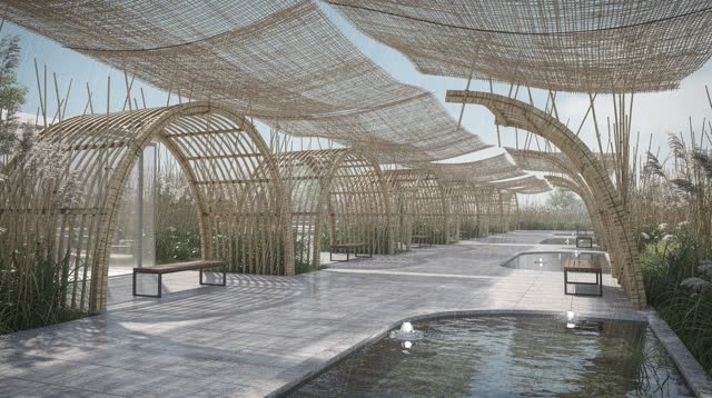I dream that the rooms bend toward wind. In an impossible civic passage, reed arches, floating woven roof mats, shallow