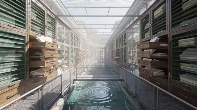 I dream that the archive learns to ventilate its memories. In an impossible civic archive-street, paper cabinets, old gl