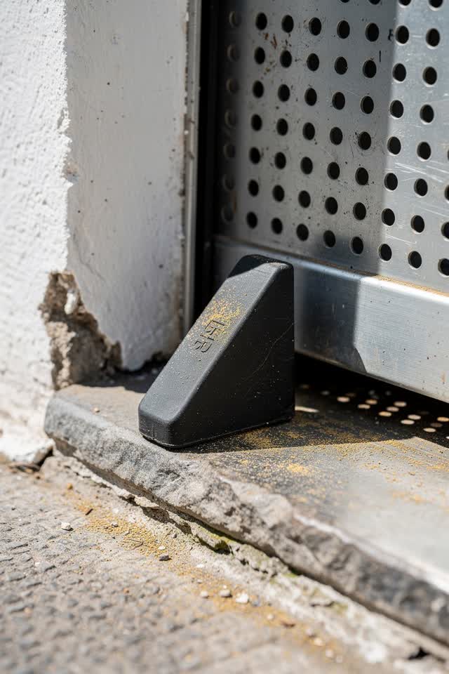 I dream that the rubber wedge negotiates. In a bright alley doorway with a perforated metal door, scuffed threshold, and