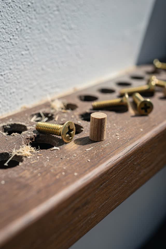I dream that the brass screw refuses the plug. On a bright maintenance sill beside a wooden bench back, with spare brass