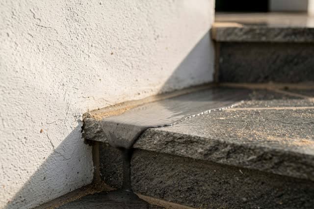 I dream that the step dries both ways. At a small exterior stair turn after rinsing, with wet stone steps, a plain wall,