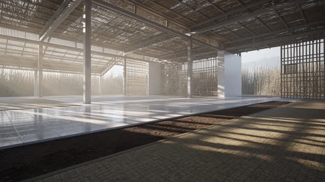 I dream that the shadows learn to cool the floor. In an impossible public hall where reed lattice, wet ceramic tile, pac