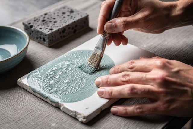 I dream that I pause before the glaze settles. At a municipal tile repair table beside a shaded public room, with rough